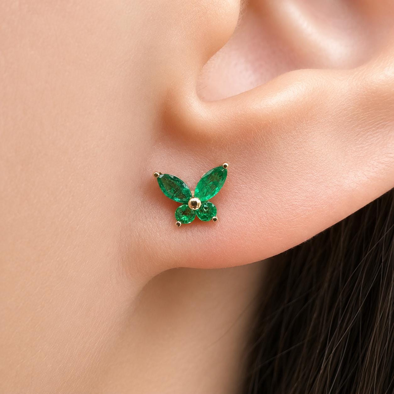 14K Solid Gold Genuine Emerald Butterfly Studs/Pair