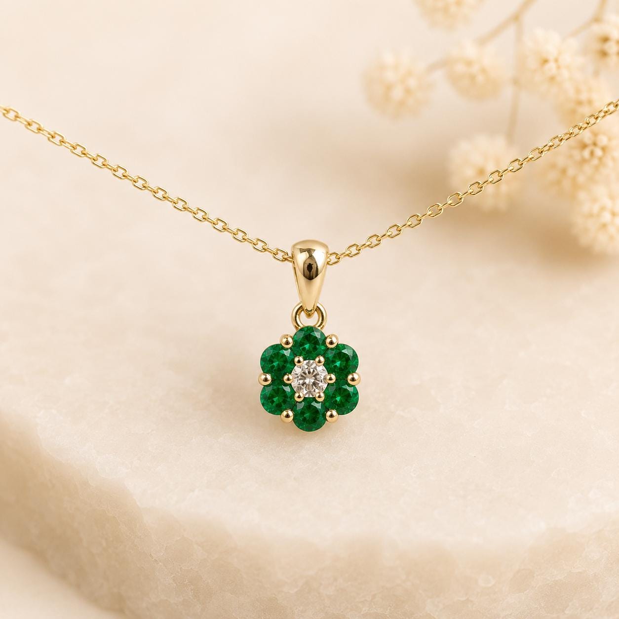14K Solid Gold Genuine Emerald and Diamond Flower Pendant