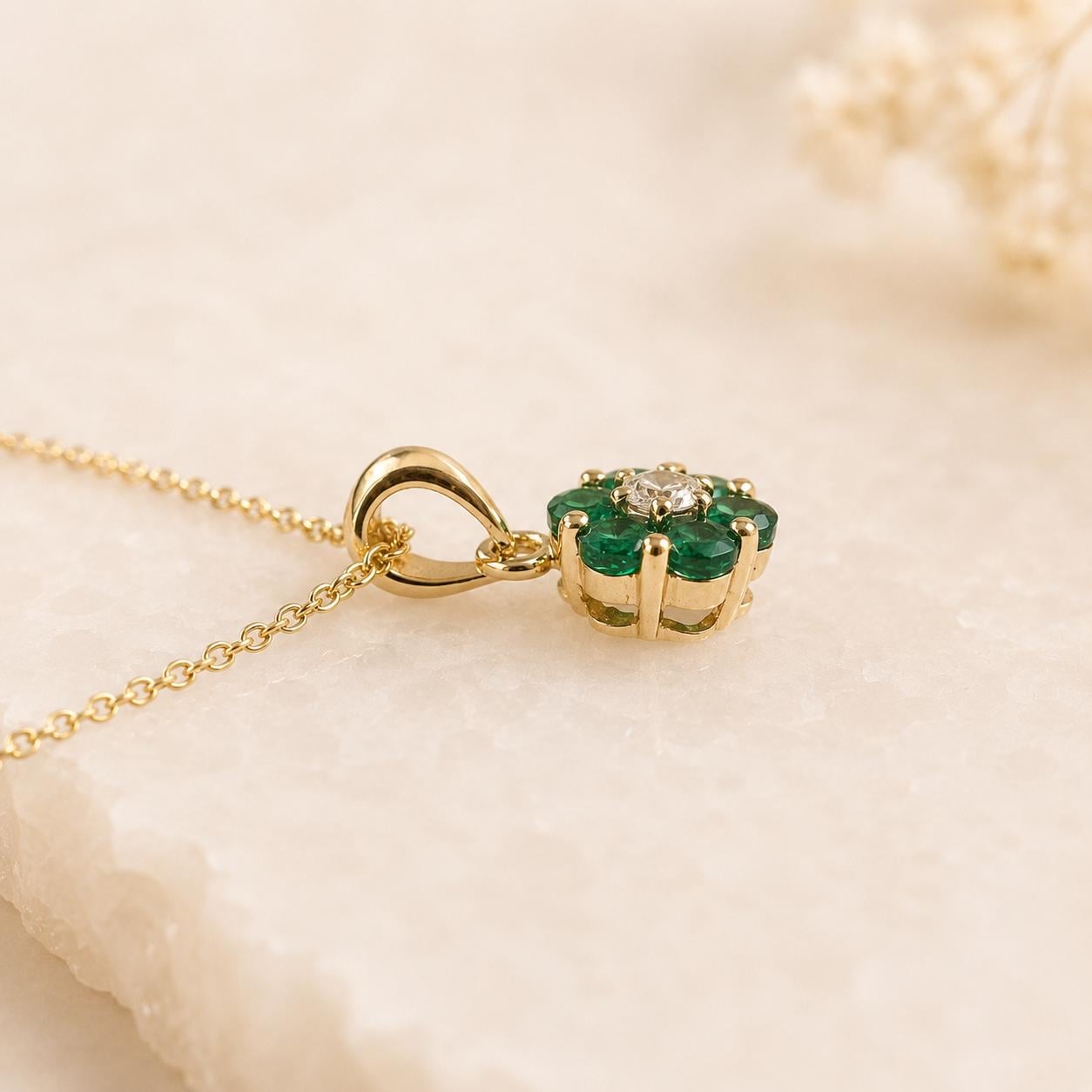 14K Solid Gold Genuine Emerald and Diamond Flower Pendant