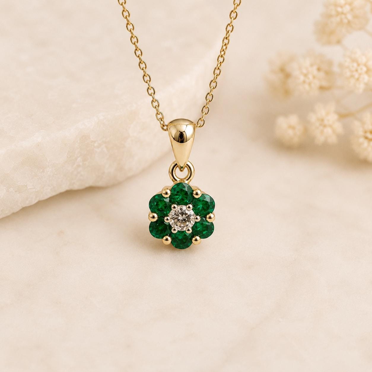 14K Solid Gold Genuine Emerald and Diamond Flower Pendant