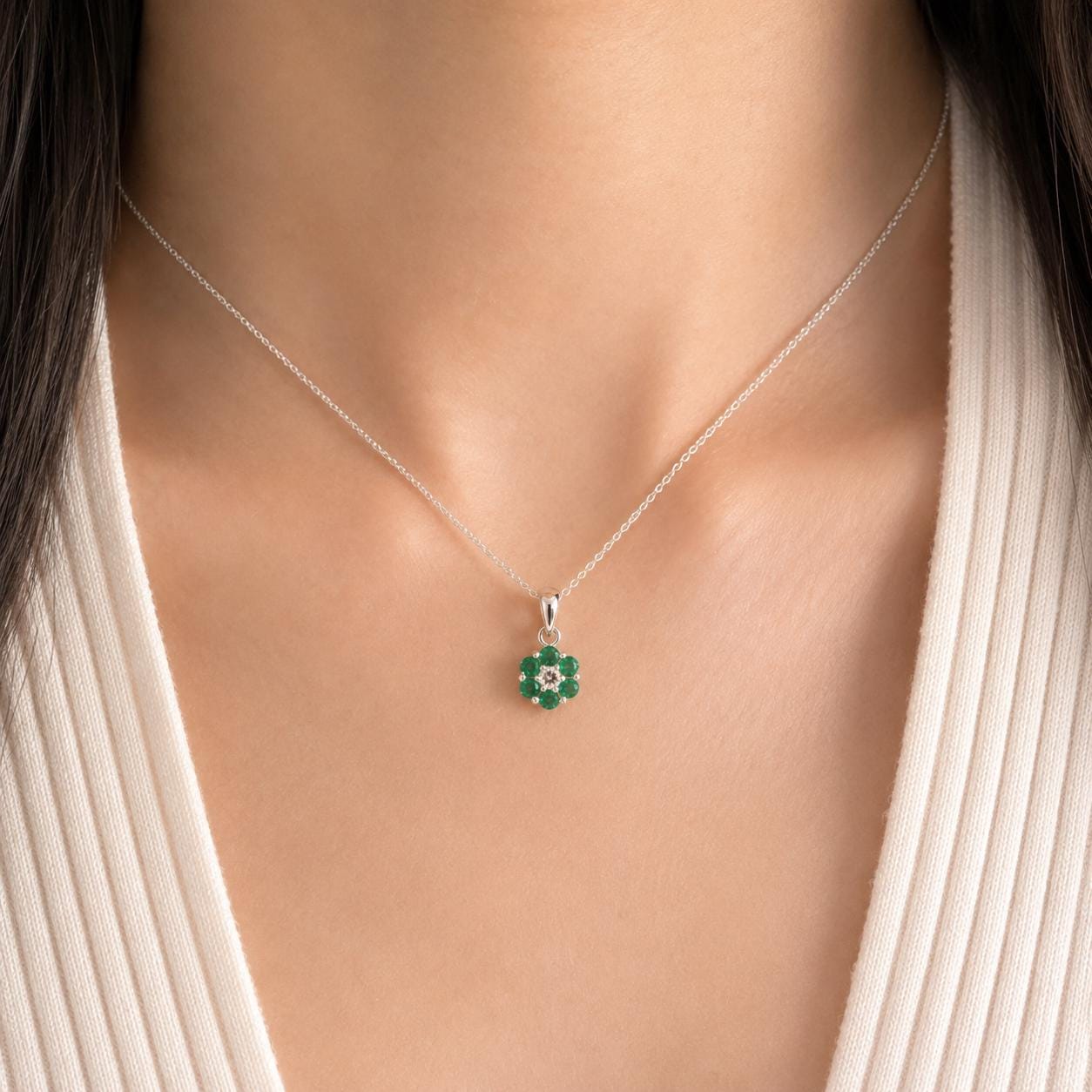 14K Solid Gold Genuine Emerald and Diamond Flower Pendant