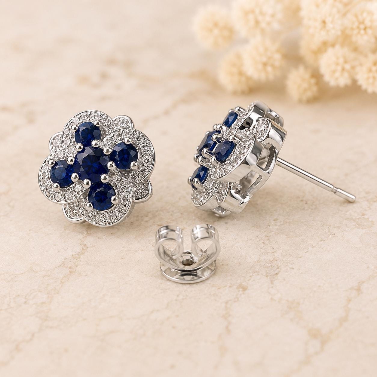 Natural Sapphire Diamond Halo Stud Earrings, 14K White Gold, Genuine Blue Sapphire Cluster, September Birthstone Gift for Her