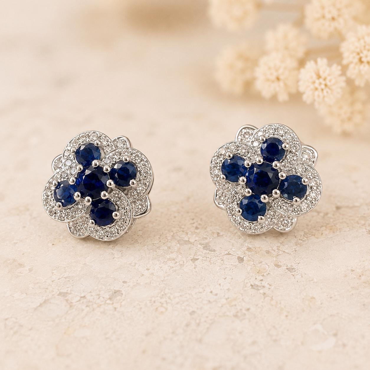 Natural Sapphire Diamond Halo Stud Earrings, 14K White Gold, Genuine Blue Sapphire Cluster, September Birthstone Gift for Her