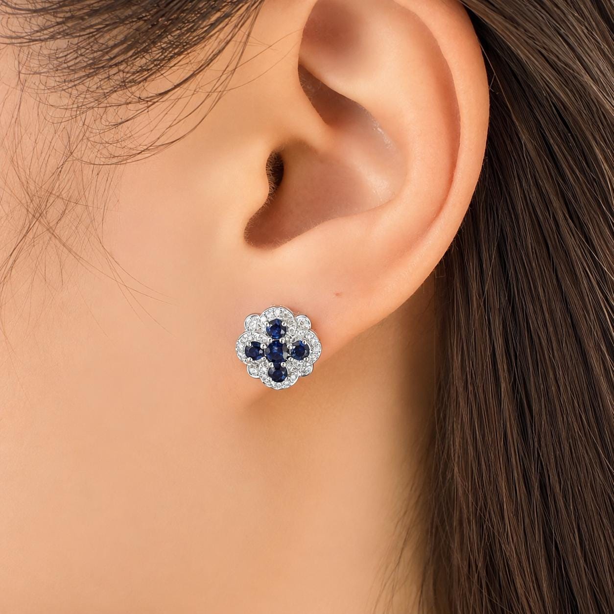 Natural Sapphire Diamond Halo Stud Earrings, 14K White Gold, Genuine Blue Sapphire Cluster, September Birthstone Gift for Her