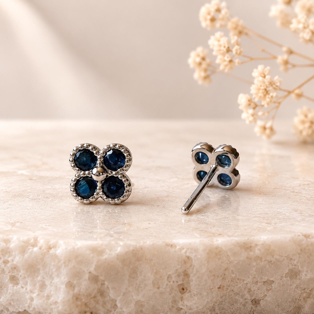14K Solid Gold Genuine Sapphire Clover Studs/Pair