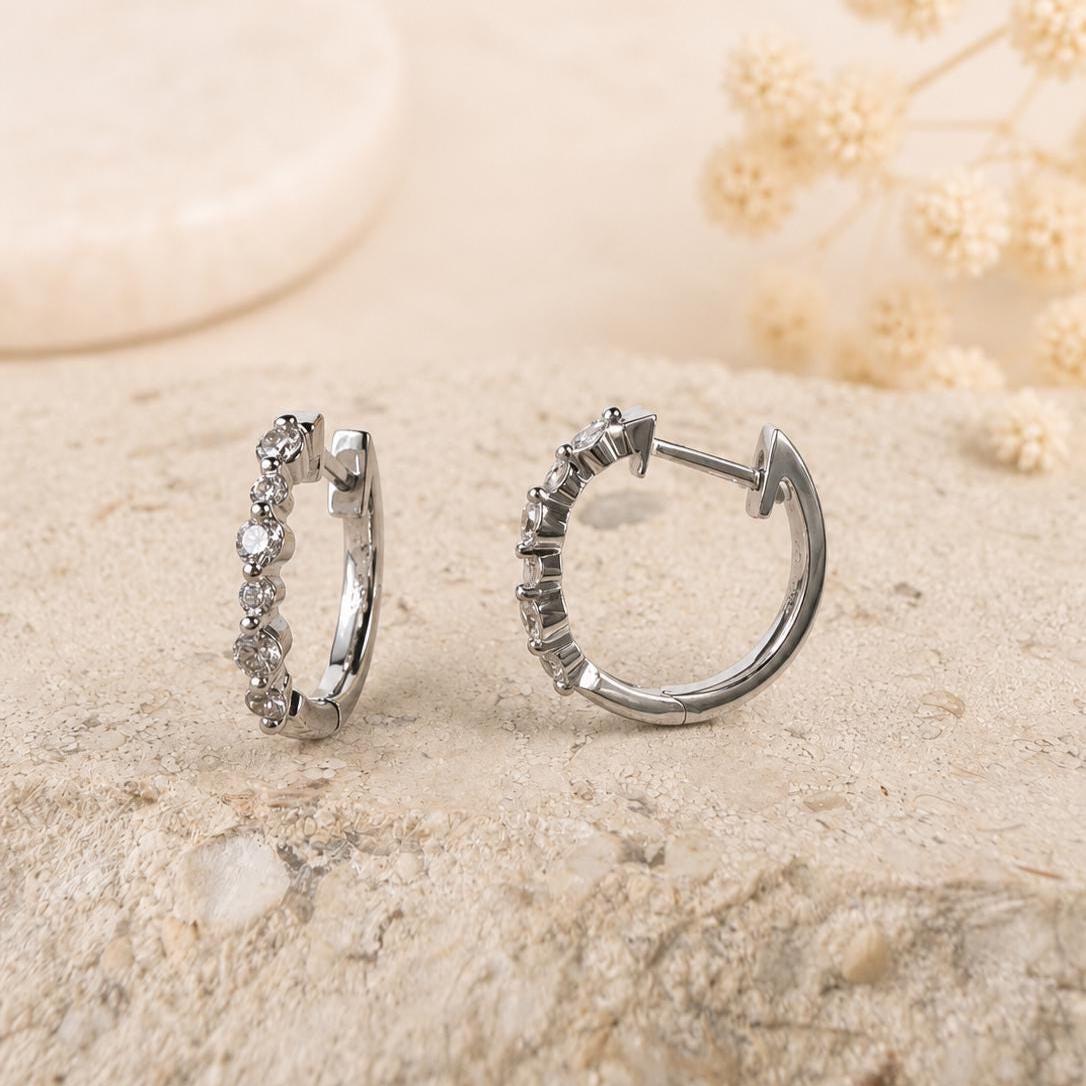 14K Solid Gold Natural Diamond Huggie Hoop Earrings, Genuine Diamond Hoops, Graduated Row, April Birthstone Everyday Jewelry
