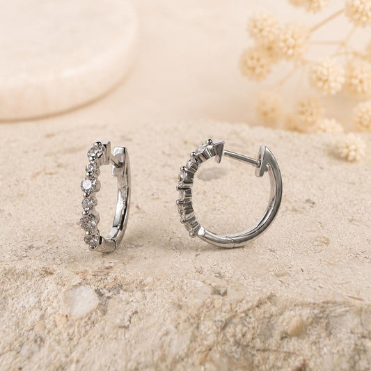 14K Solid Gold Natural Diamond Huggie Hoop Earrings, Genuine Diamond Hoops, Graduated Row, April Birthstone Everyday Jewelry