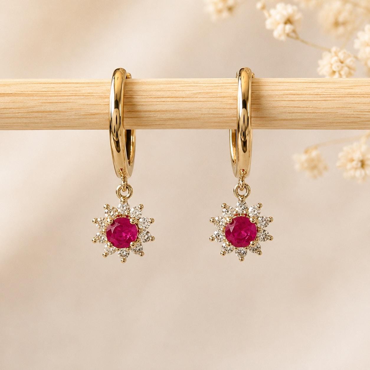Solid 14K Gold Natural Ruby Diamond Sun Hoop Earrings, Genuine Burma Ruby Dangle, July Birthstone Gift for Her