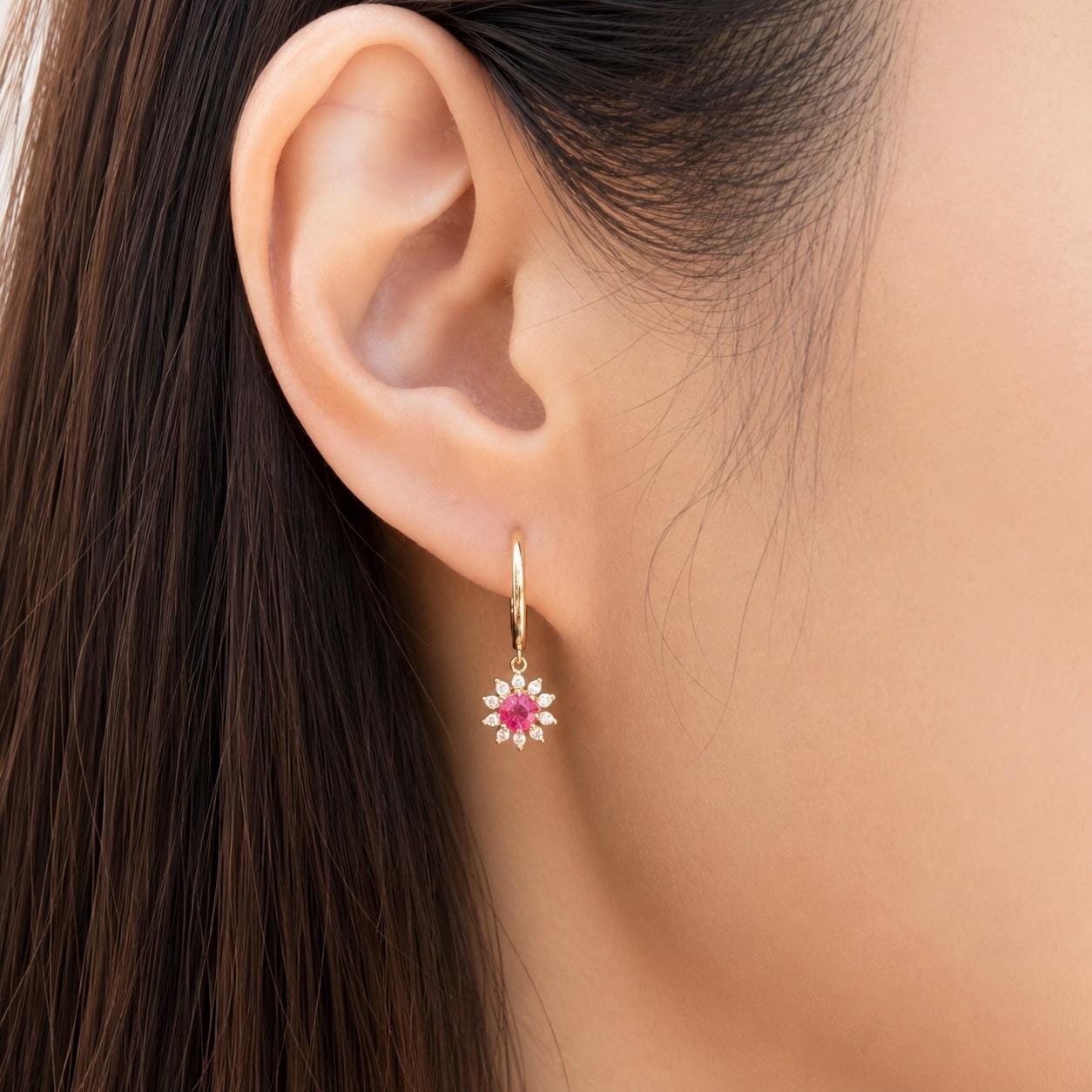 Solid 14K Gold Natural Ruby Diamond Sun Hoop Earrings, Genuine Burma Ruby Dangle, July Birthstone Gift for Her
