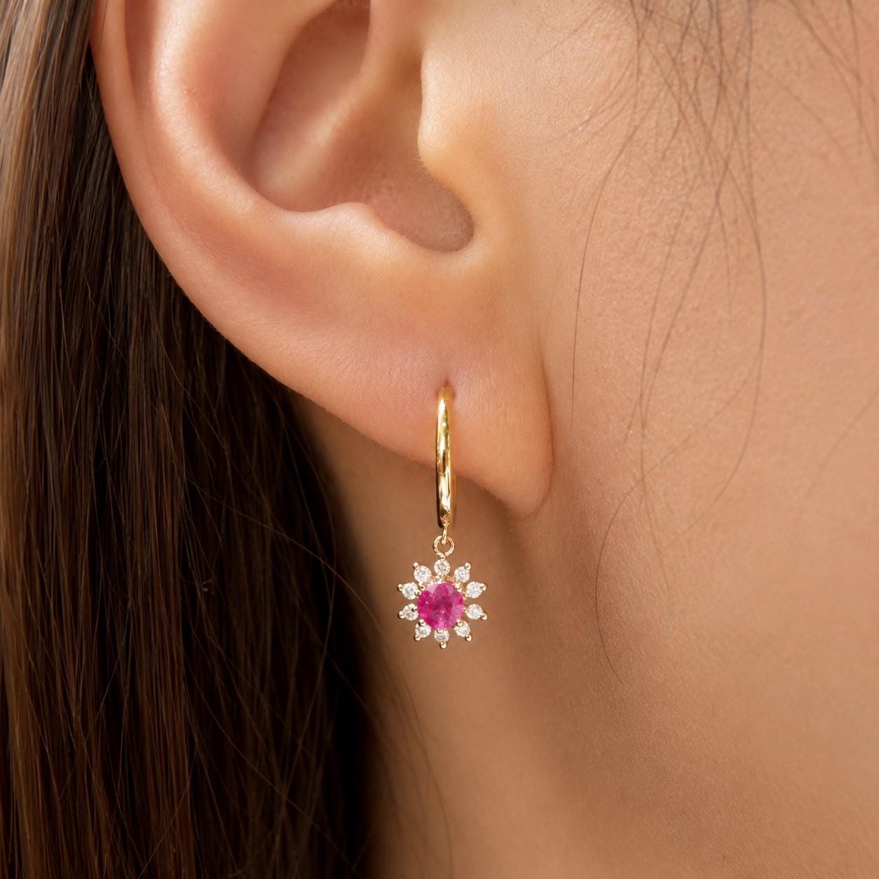 Solid 14K Gold Natural Ruby Diamond Sun Hoop Earrings, Genuine Burma Ruby Dangle, July Birthstone Gift for Her