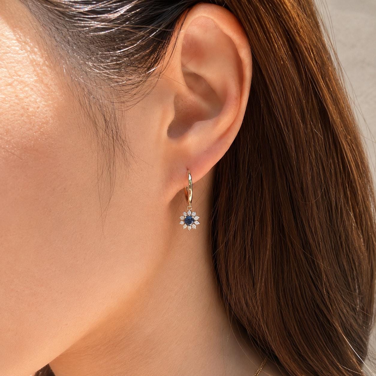Natural Sapphire Diamond Sun Hoop Earrings, 14K Yellow Gold, Genuine Sapphire Dangle, September Birthstone Gift