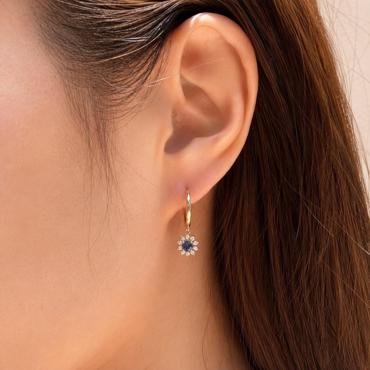 Natural Sapphire Diamond Sun Hoop Earrings, 14K Yellow Gold, Genuine Sapphire Dangle, September Birthstone Gift