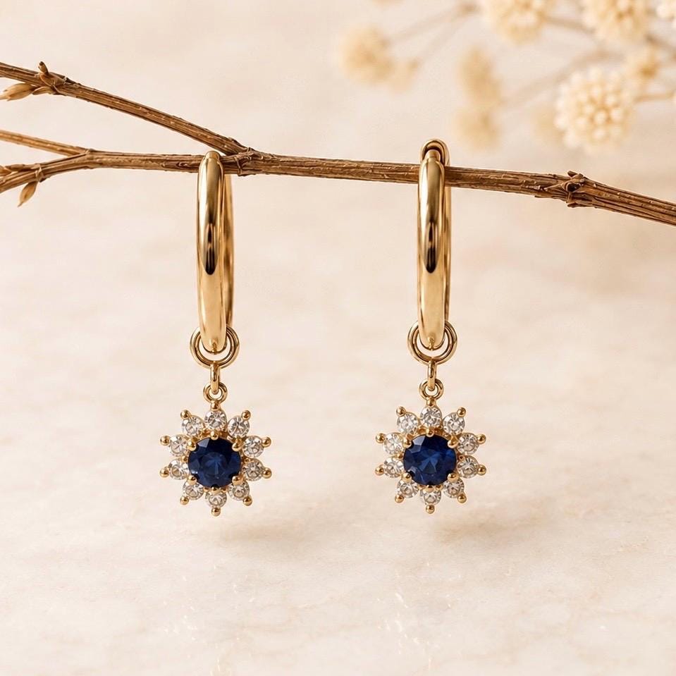 Natural Sapphire Diamond Sun Hoop Earrings, 14K Yellow Gold, Genuine Sapphire Dangle, September Birthstone Gift