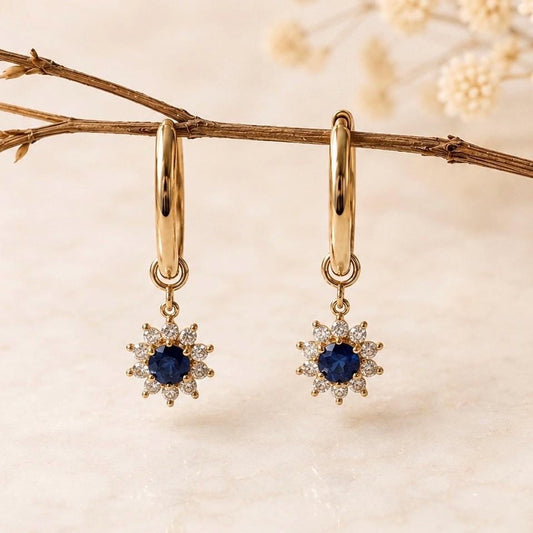 Natural Sapphire Diamond Sun Hoop Earrings, 14K Yellow Gold, Genuine Sapphire Dangle, September Birthstone Gift