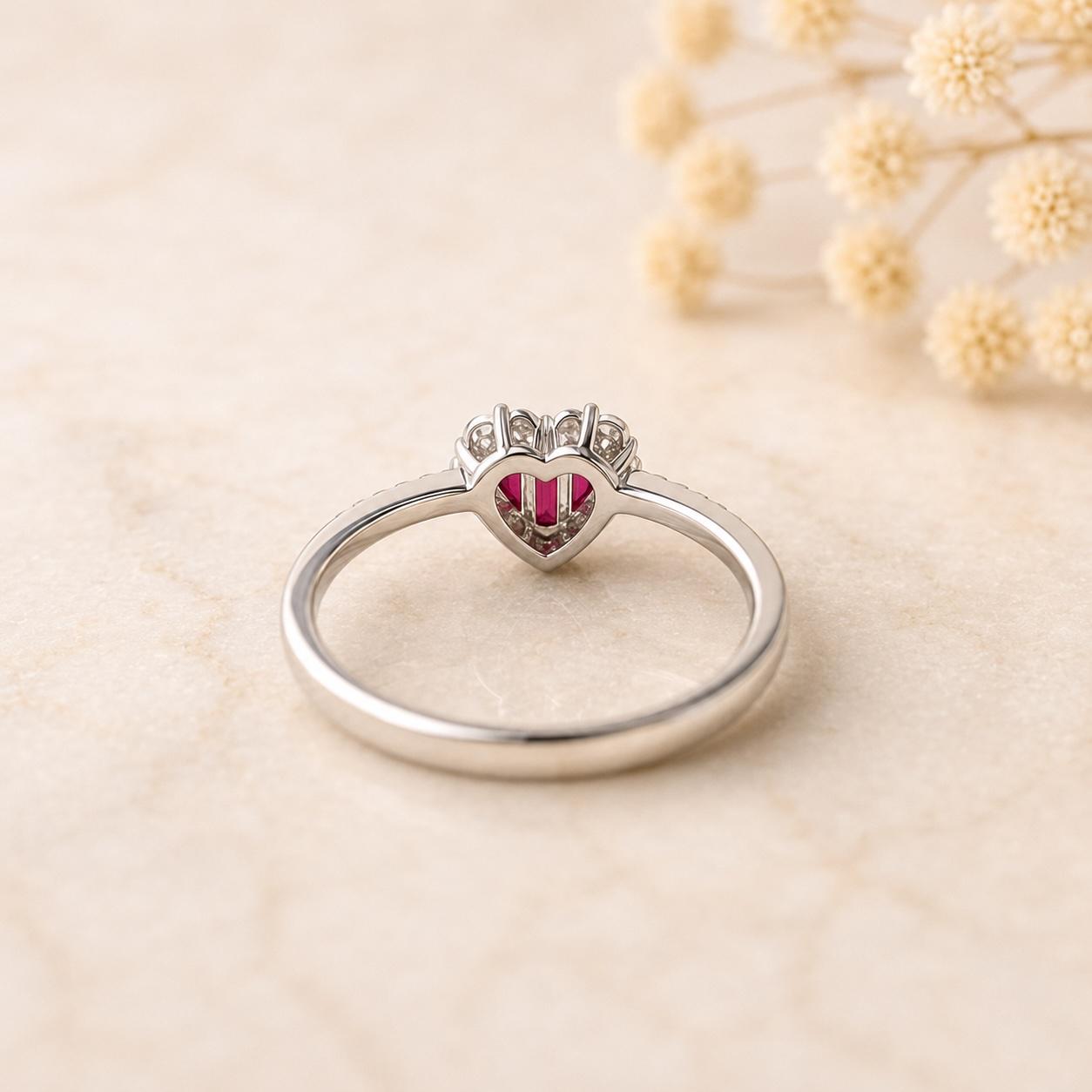 Natural Ruby Heart Ring, 18K White Gold, Baguette Ruby Diamond Halo Ring, July Birthstone Engagement Promise Ring