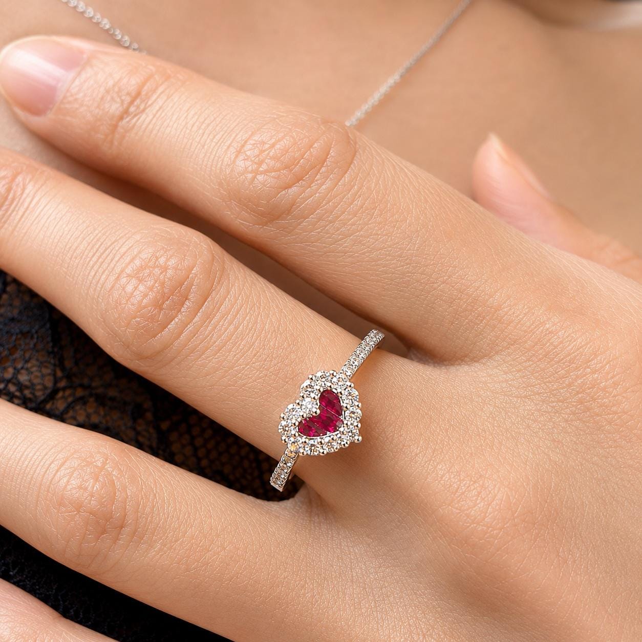 Natural Ruby Heart Ring, 18K White Gold, Baguette Ruby Diamond Halo Ring, July Birthstone Engagement Promise Ring