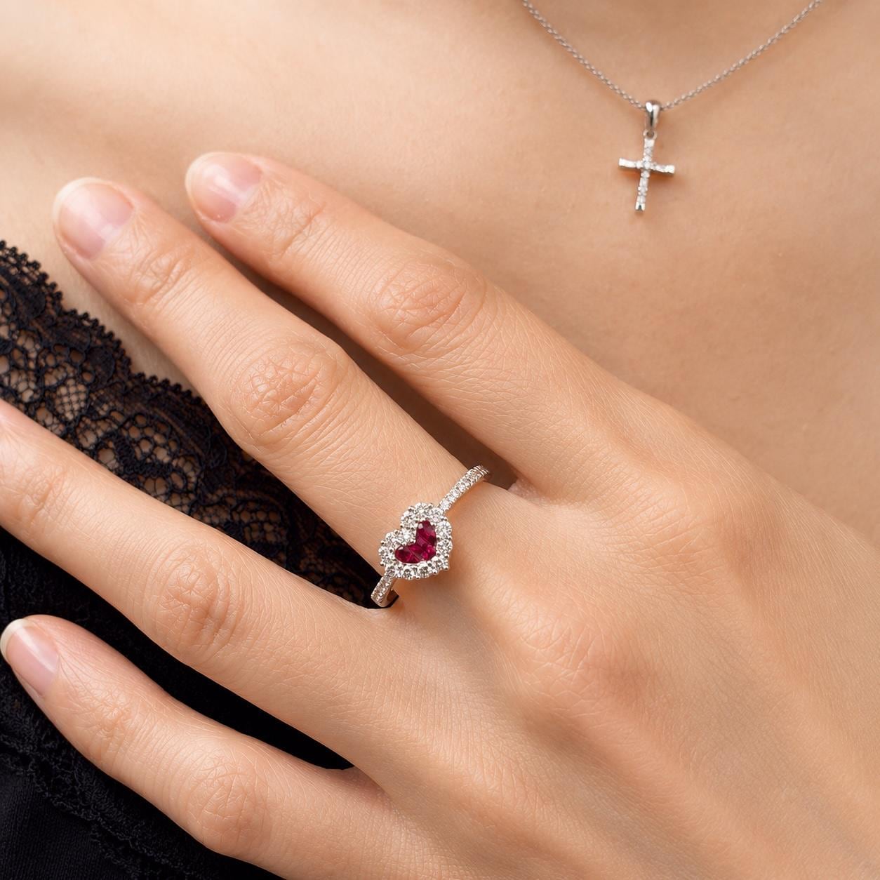 Natural Ruby Heart Ring, 18K White Gold, Baguette Ruby Diamond Halo Ring, July Birthstone Engagement Promise Ring