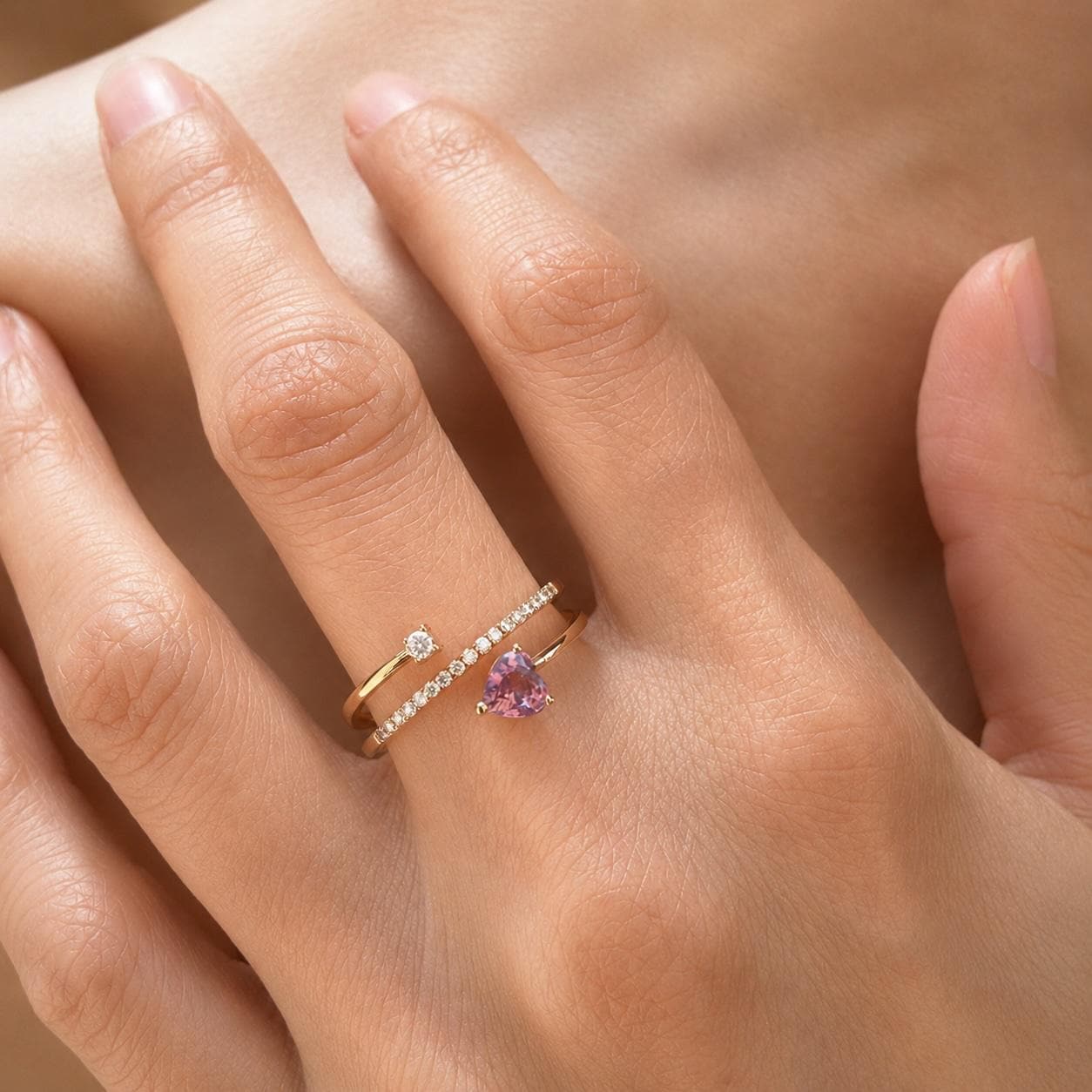 Natural Lavender Sapphire Heart Ring, 18K Rose Gold Open Bypass Ring, Genuine Diamond, September Birthstone Gift