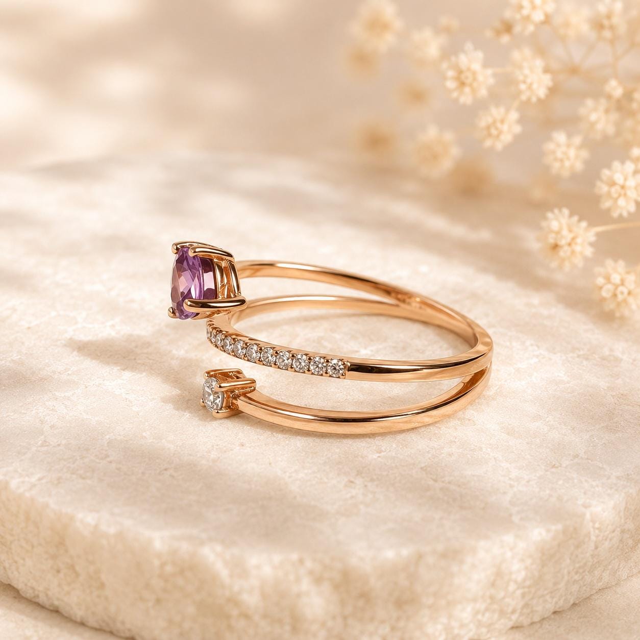 Natural Lavender Sapphire Heart Ring, 18K Rose Gold Open Bypass Ring, Genuine Diamond, September Birthstone Gift