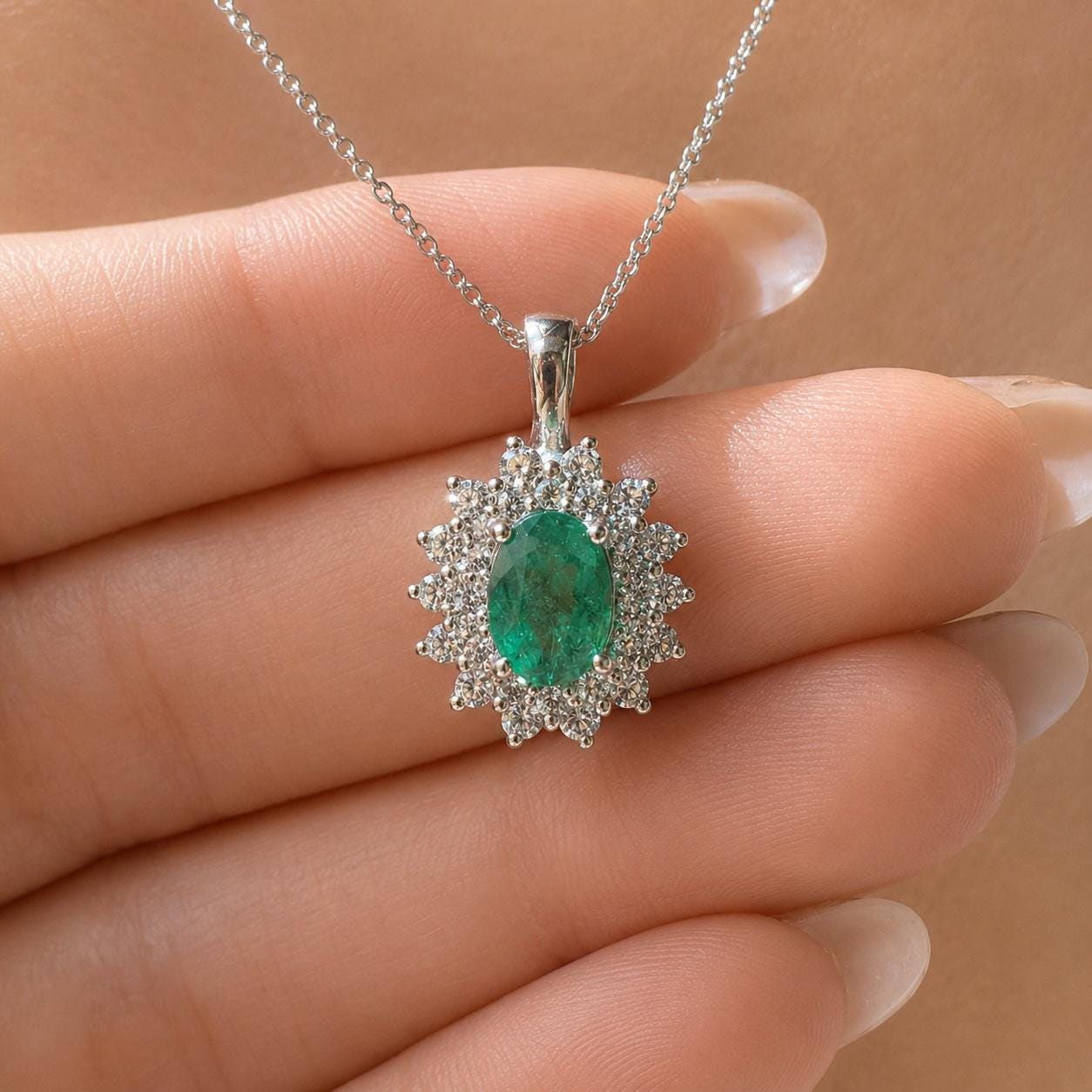 Natural Zambian Emerald Diamond Halo Necklace, 14K White Gold, Genuine Emerald Pendant, May Birthstone Gift