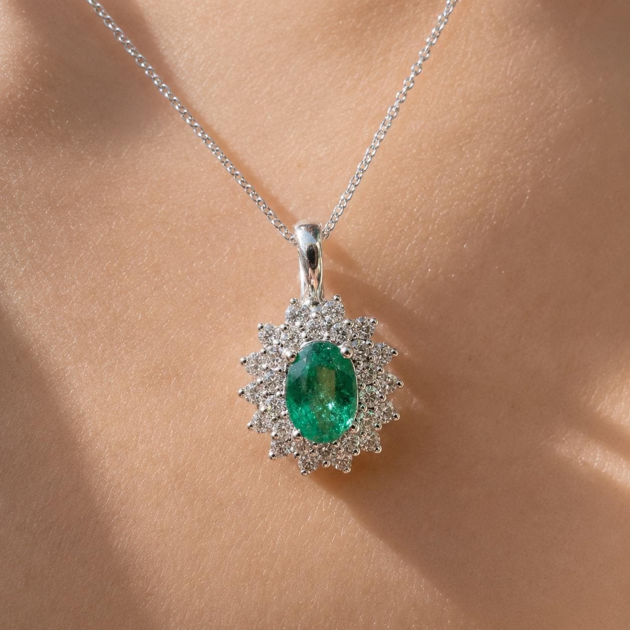 Natural Zambian Emerald Diamond Halo Necklace, 14K White Gold, Genuine Emerald Pendant, May Birthstone Gift
