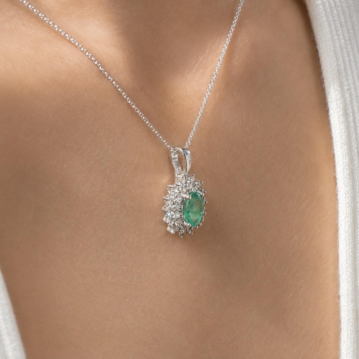 Natural Zambian Emerald Diamond Halo Necklace, 14K White Gold, Genuine Emerald Pendant, May Birthstone Gift