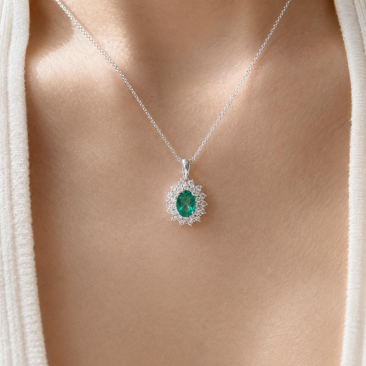 Natural Zambian Emerald Diamond Halo Necklace, 14K White Gold, Genuine Emerald Pendant, May Birthstone Gift