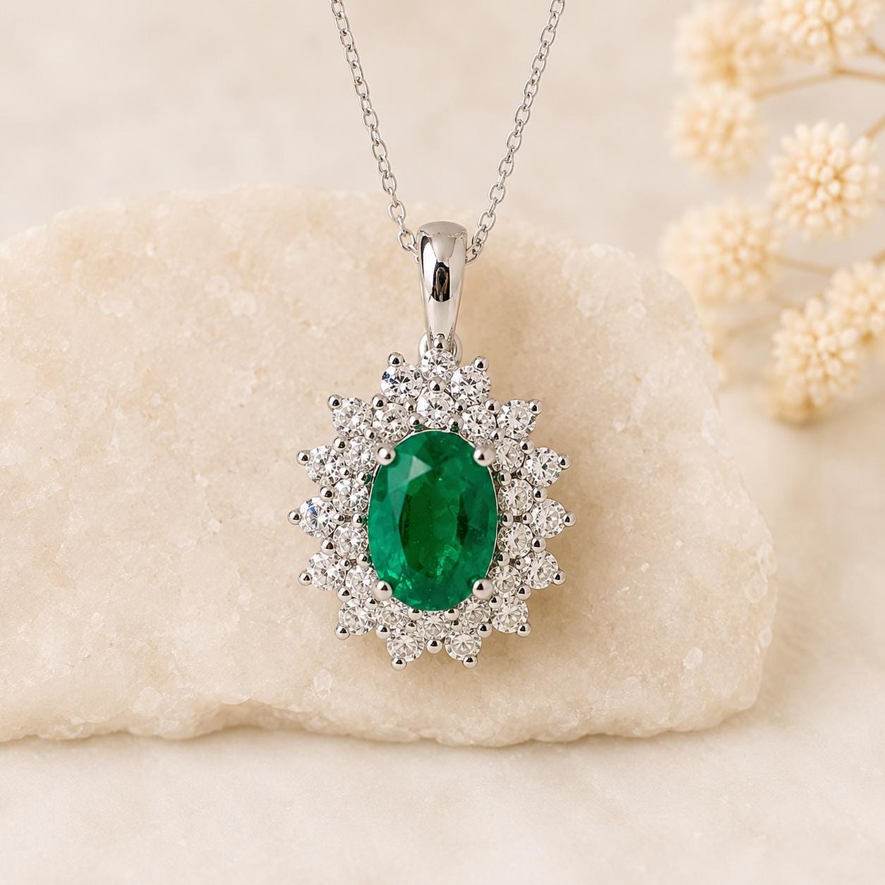 Natural Zambian Emerald Diamond Halo Necklace, 14K White Gold, Genuine Emerald Pendant, May Birthstone Gift