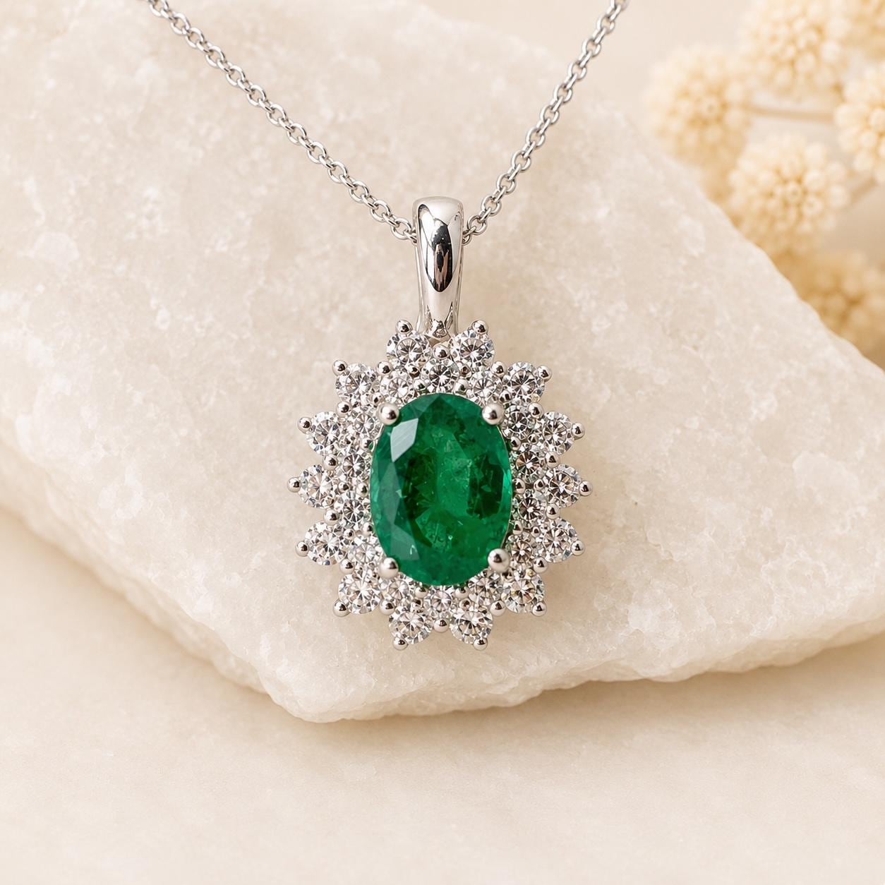 Natural Zambian Emerald Diamond Halo Necklace, 14K White Gold, Genuine Emerald Pendant, May Birthstone Gift