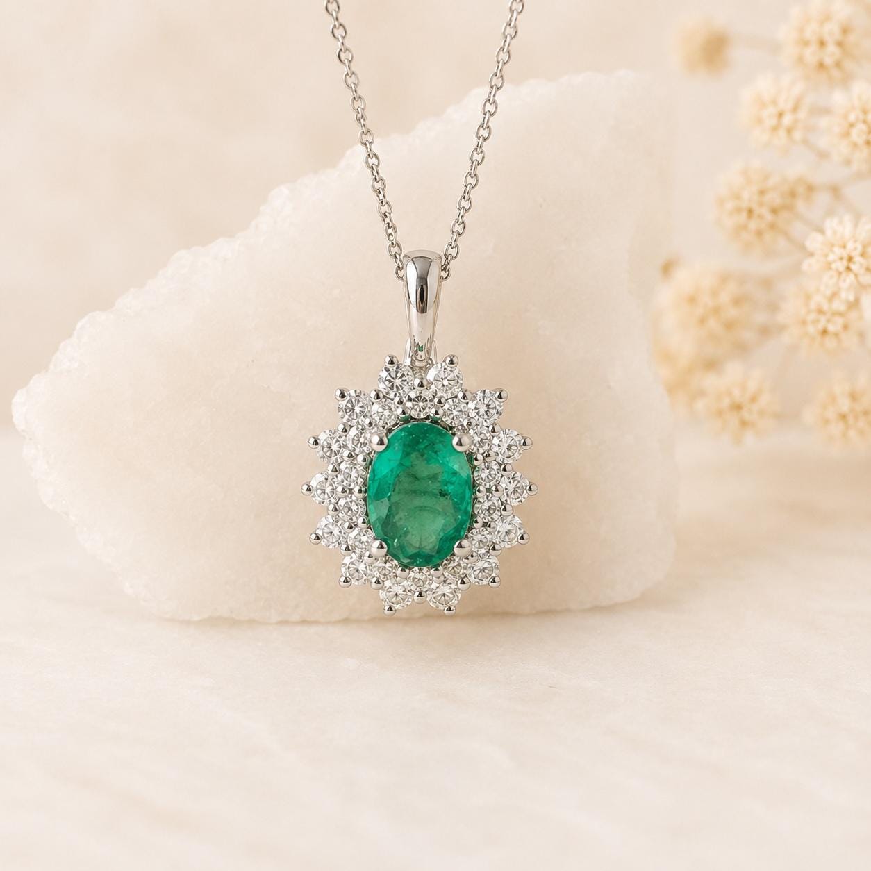 Natural Zambian Emerald Diamond Halo Necklace, 14K White Gold, Genuine Emerald Pendant, May Birthstone Gift