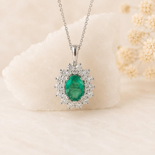 Natural Zambian Emerald Diamond Halo Necklace, 14K White Gold, Genuine Emerald Pendant, May Birthstone Gift
