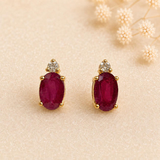 14K Solid Gold Genuine Ruby and Diamond Studs (pair)
