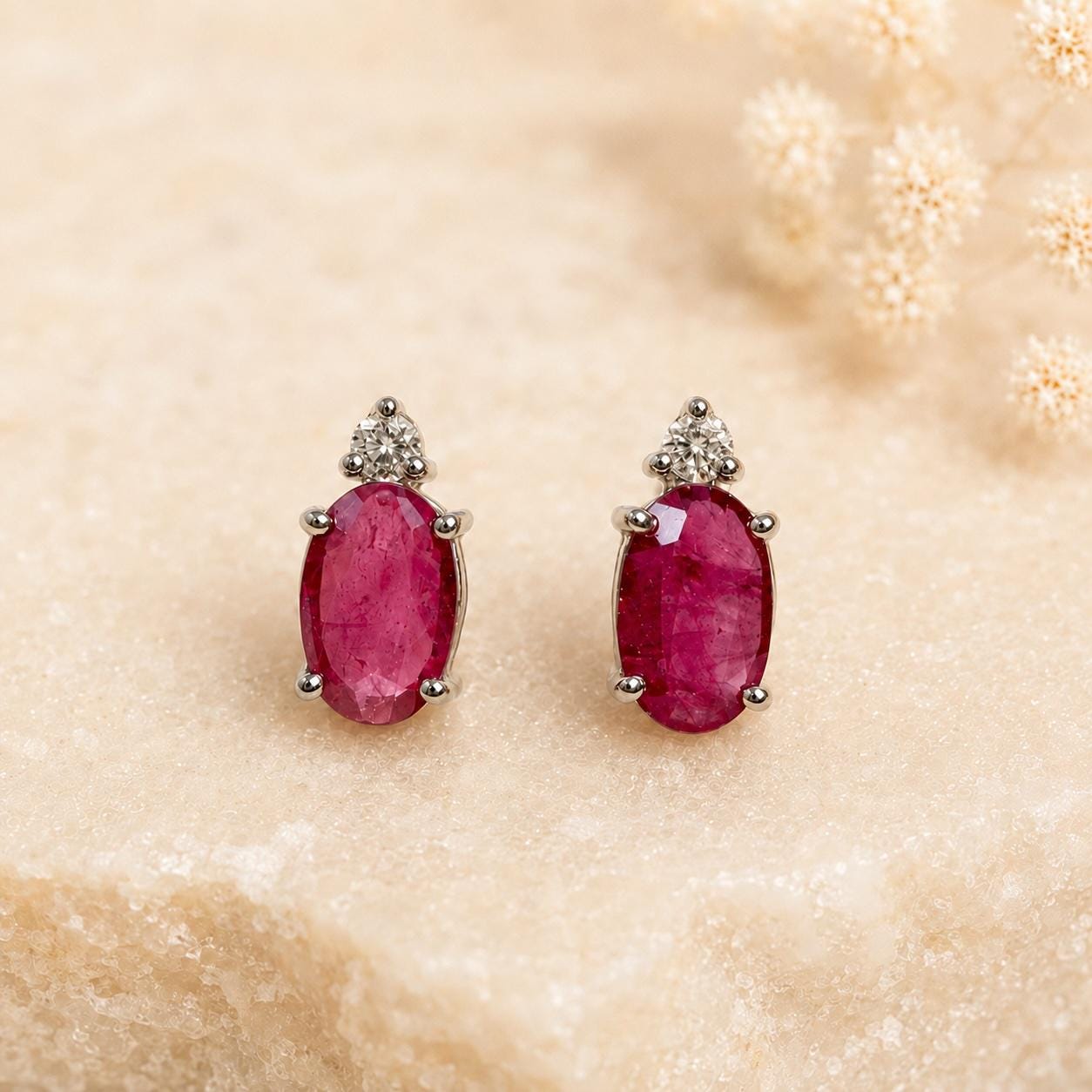 14K Solid Gold Genuine Ruby and Diamond Studs (pair)