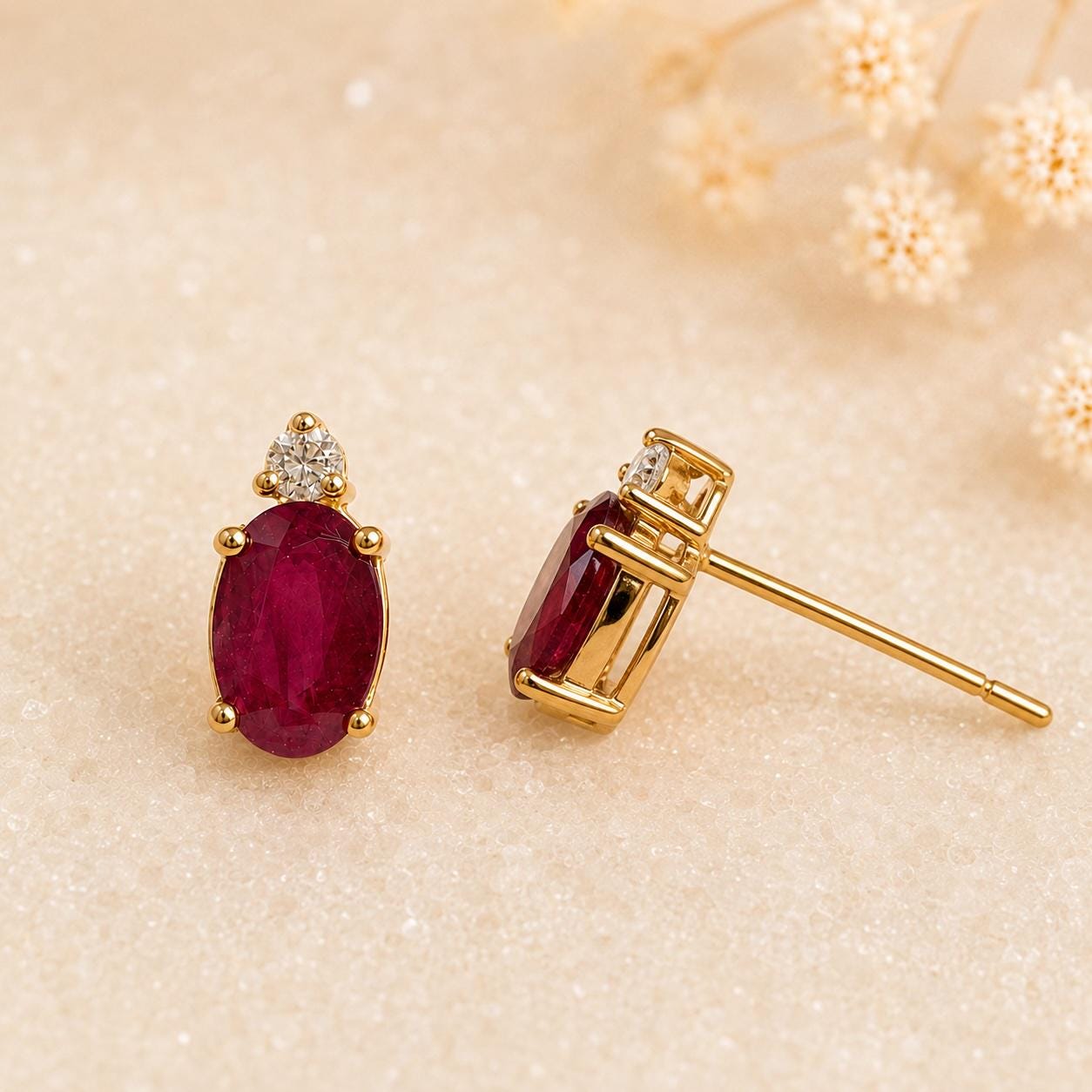 14K Solid Gold Genuine Ruby and Diamond Studs (pair)