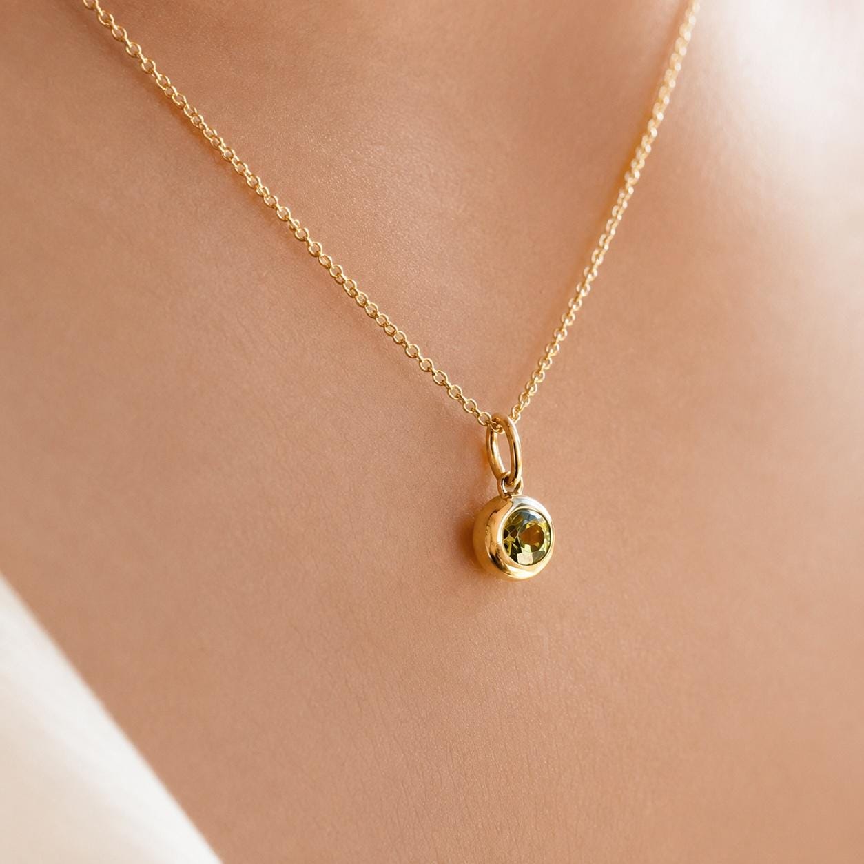14K Solid Gold Genuine Bezel Peridot Pendant