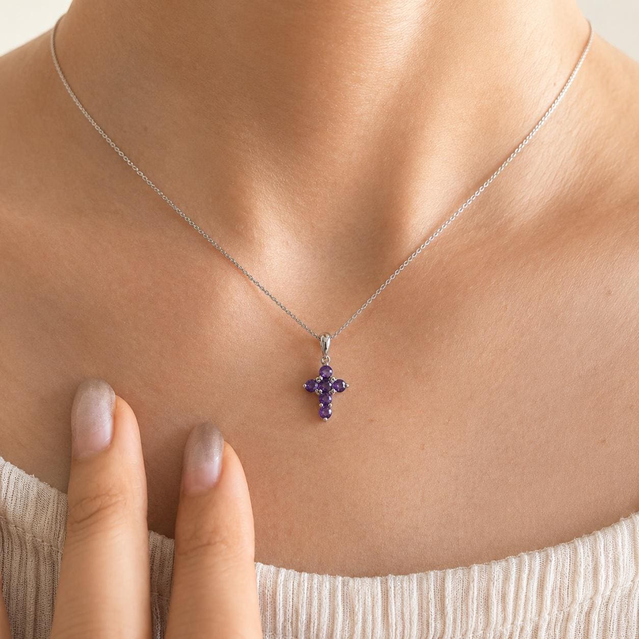 14K Solid Gold Genuine Amethyst Small Cross Pendant (pendant only)