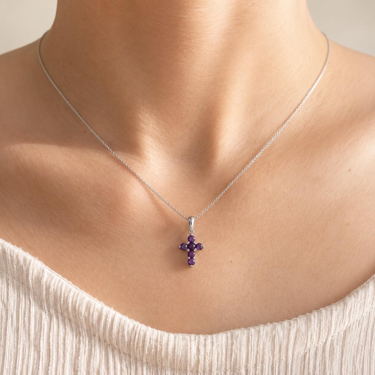 14K Solid Gold Genuine Amethyst Small Cross Pendant (pendant only)