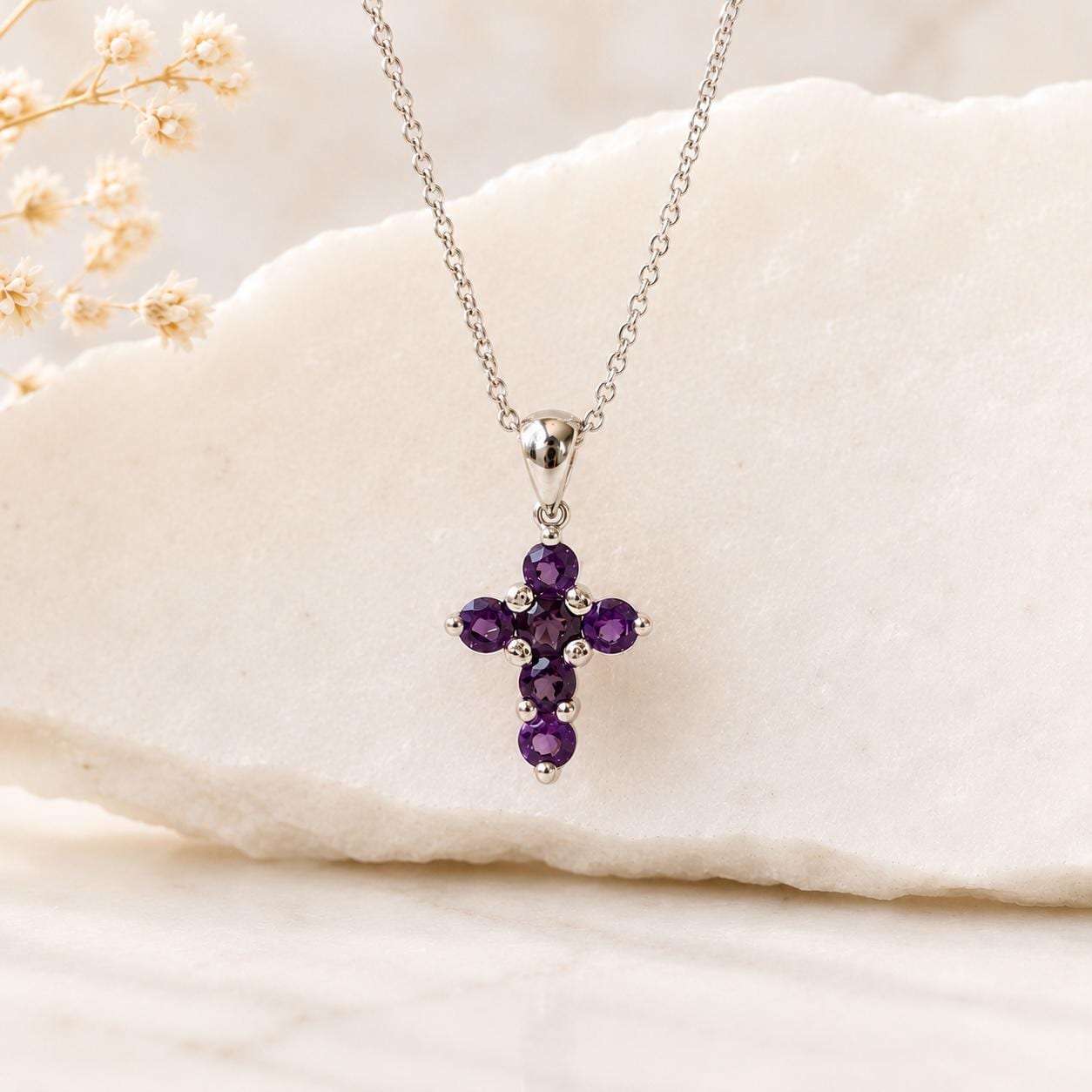 14K Solid Gold Genuine Amethyst Small Cross Pendant (pendant only)