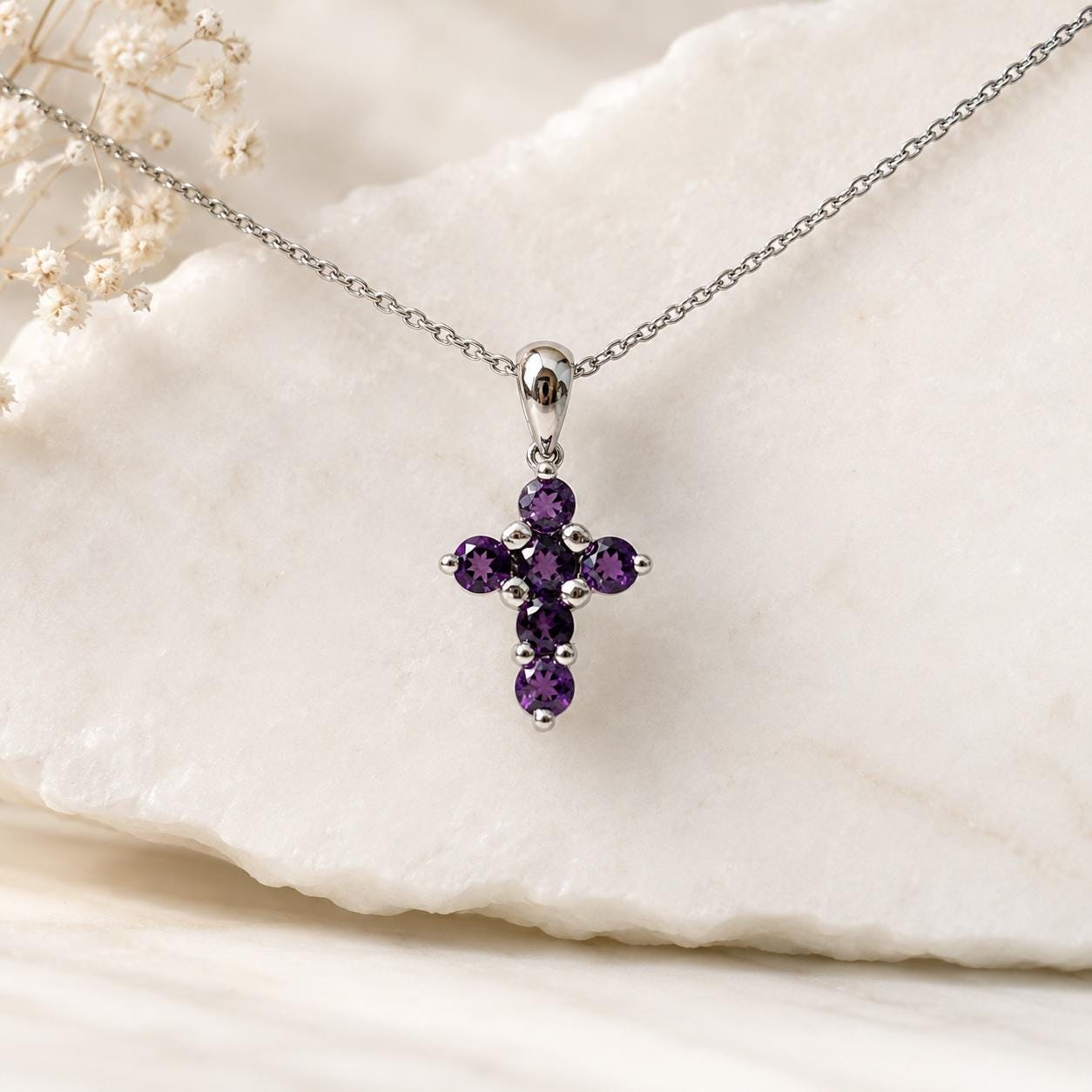 14K Solid Gold Genuine Amethyst Small Cross Pendant (pendant only)
