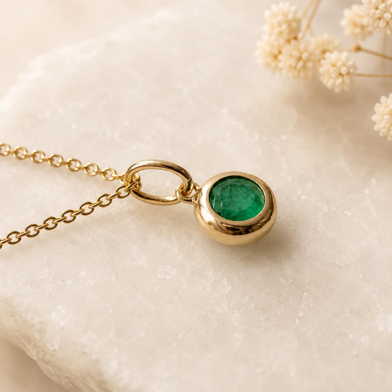 14K Solid Gold Genuine Bezel Emerald Pendant