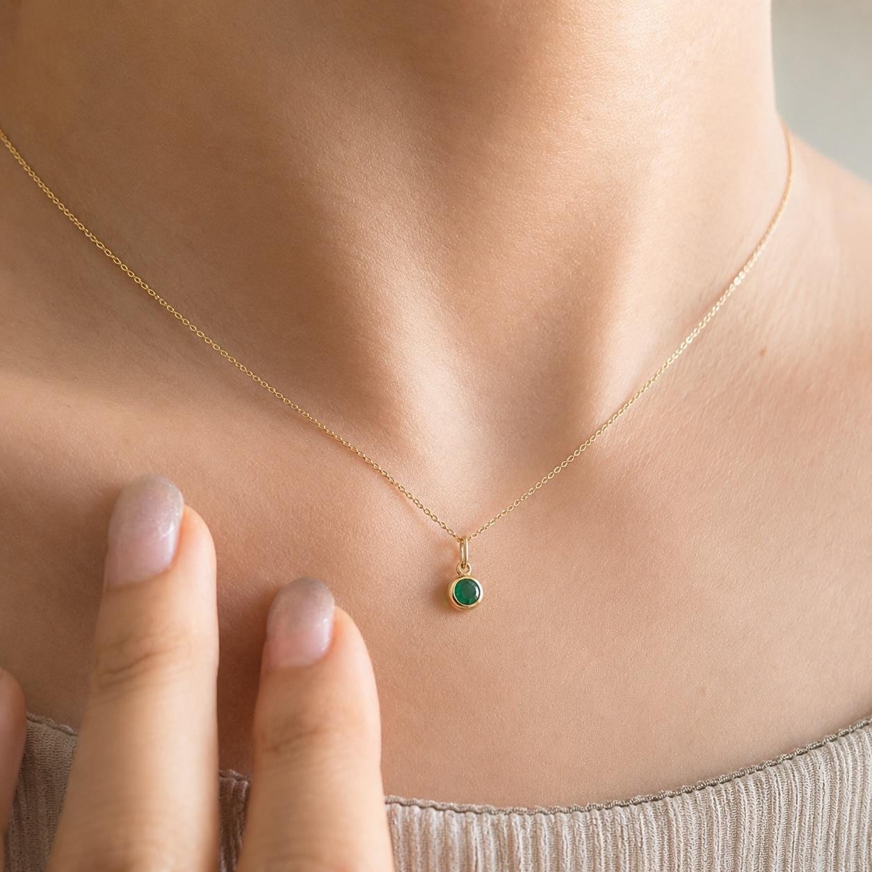 14K Solid Gold Genuine Bezel Emerald Pendant