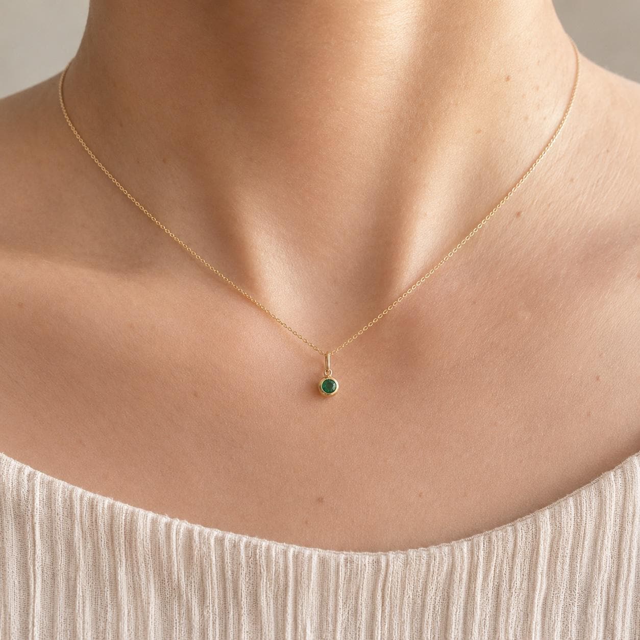 14K Solid Gold Genuine Bezel Emerald Pendant