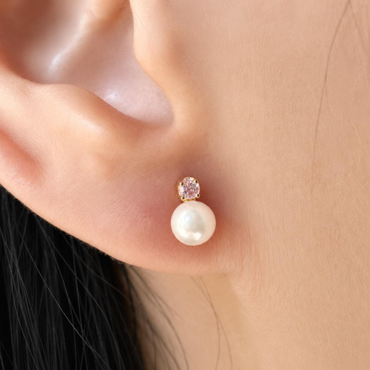 14K Solid Gold Genuine Akoya Pearl and Pink Sapphire Studs/Pair 5.5MM