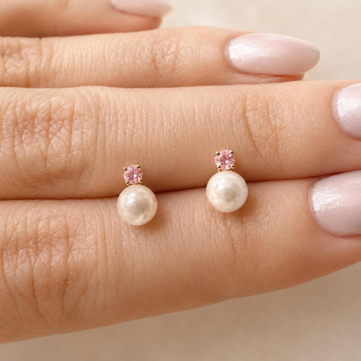14K Solid Gold Genuine Akoya Pearl and Pink Sapphire Studs/Pair 5.5MM