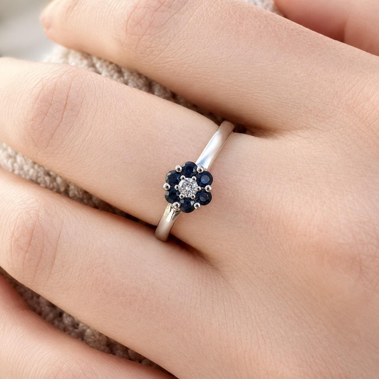 14K Solid White Gold Genuine Sapphire and Diamond Flower Ring