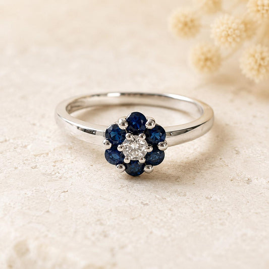14K Solid White Gold Genuine Sapphire and Diamond Flower Ring