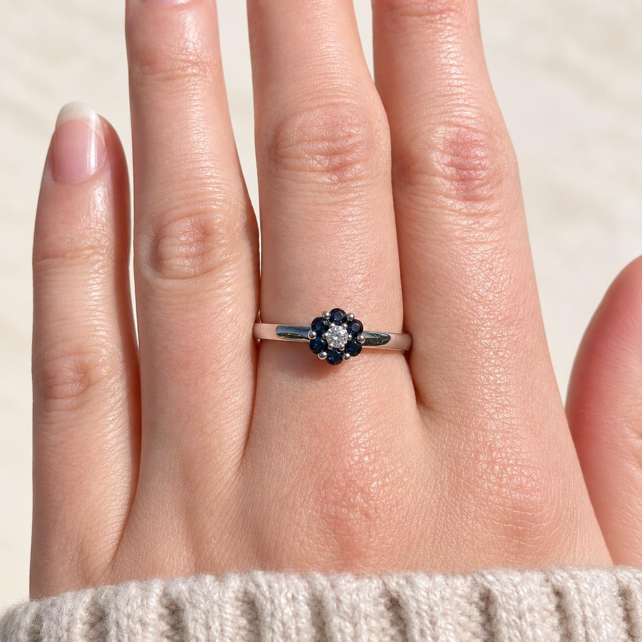 14K Solid White Gold Genuine Sapphire and Diamond Flower Ring