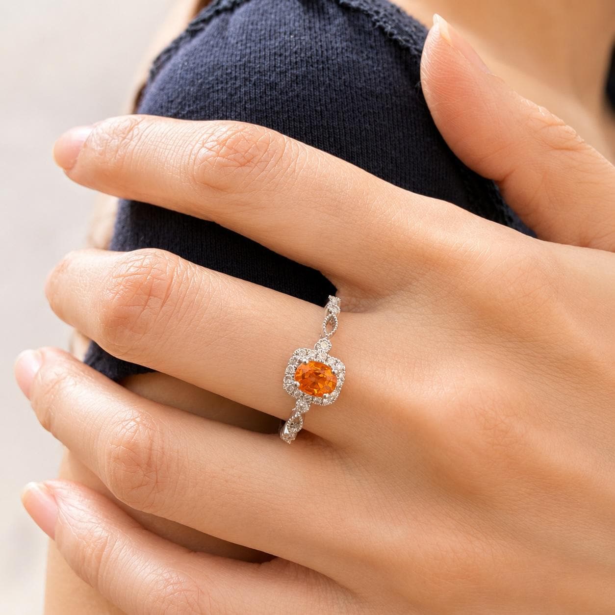 Natural Orange Sapphire Diamond Halo Ring, 18K White Gold, Genuine Oval Sapphire Vintage Twist Band, September Gift