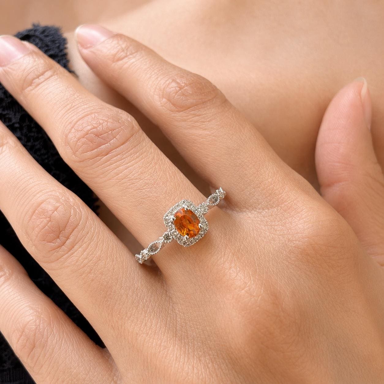 Natural Orange Sapphire Diamond Halo Ring, 18K White Gold, Genuine Oval Sapphire Vintage Twist Band, September Gift