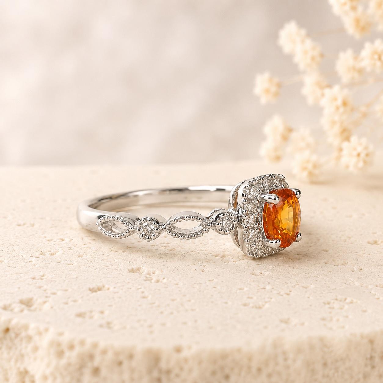 Natural Orange Sapphire Diamond Halo Ring, 18K White Gold, Genuine Oval Sapphire Vintage Twist Band, September Gift